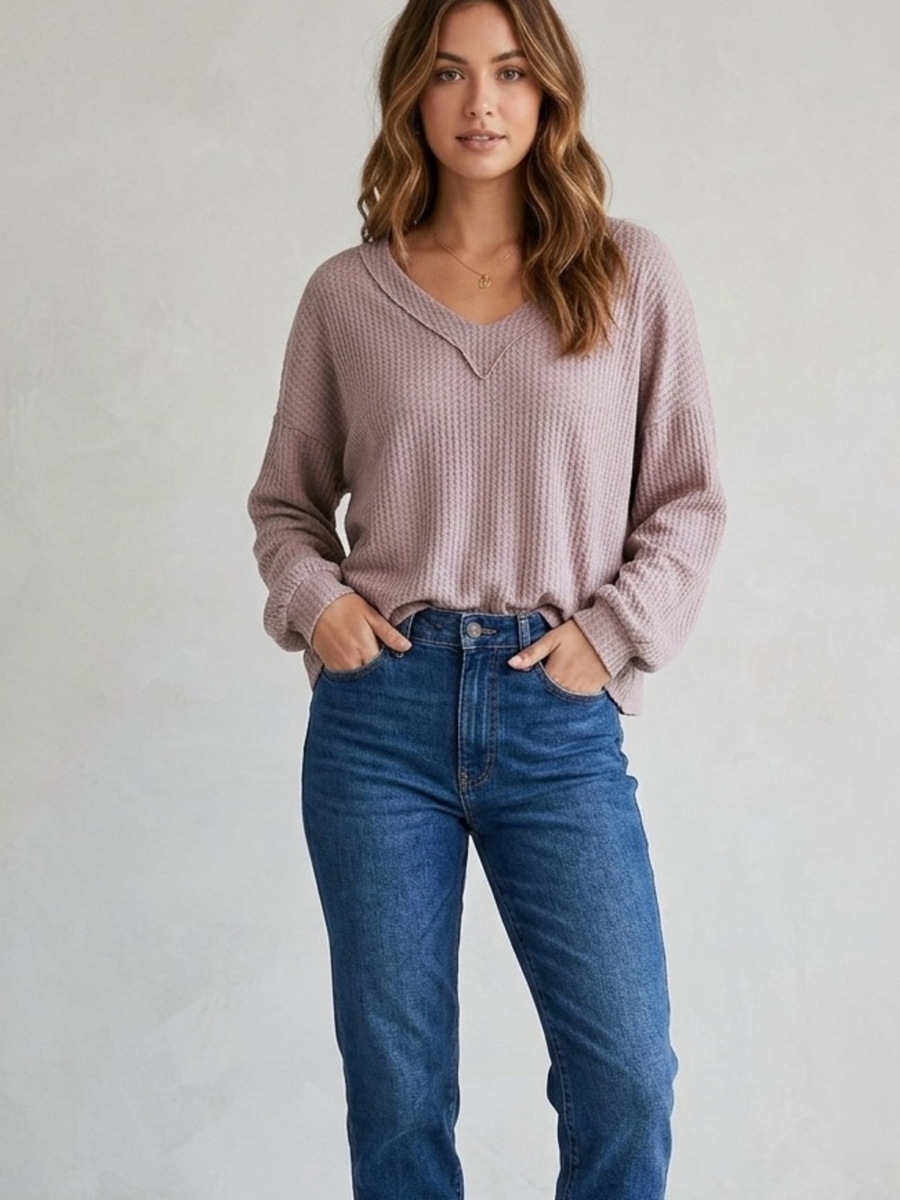Altard State Blush Balloon Sleeve V Neck Waffle Knit Thermal Crop Top Size xs